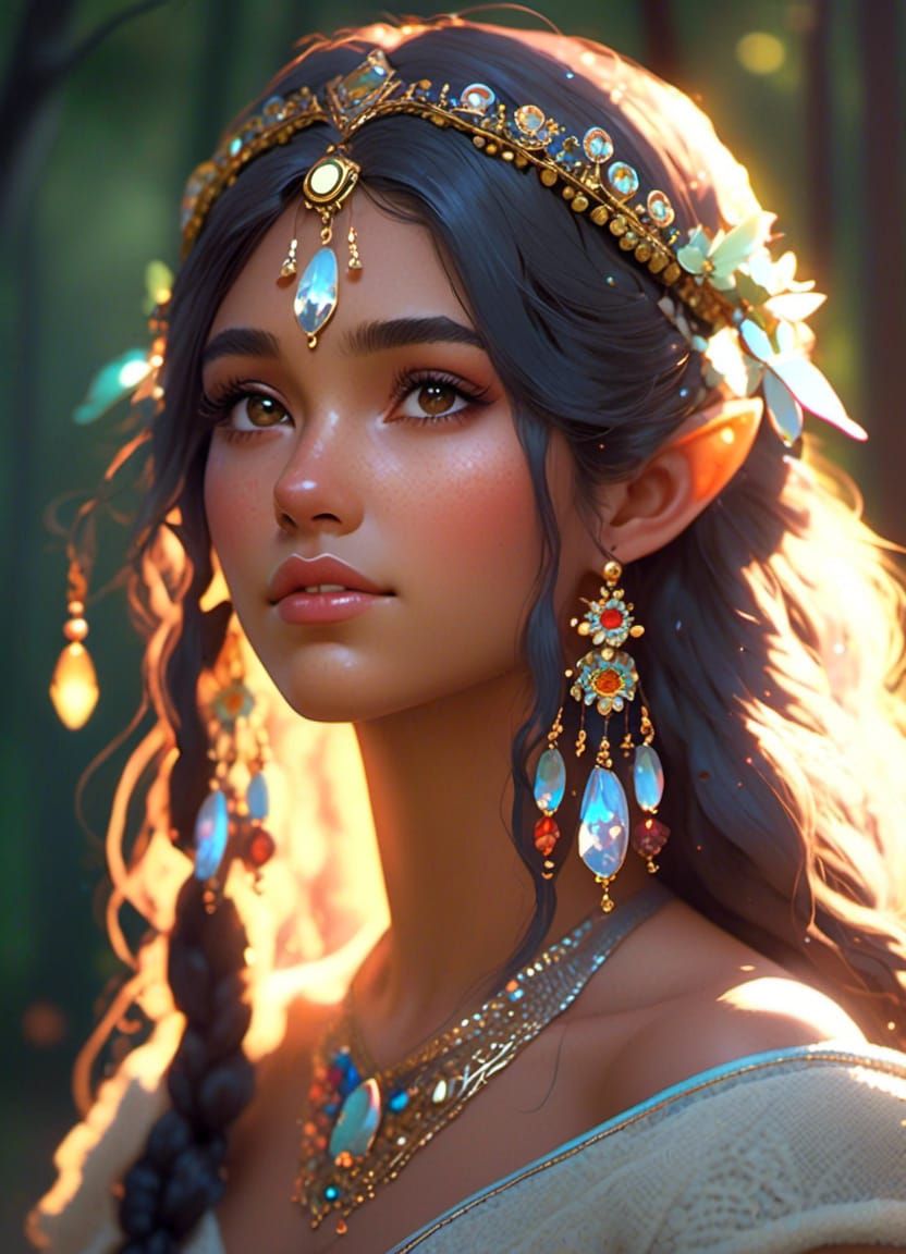 Indian Princess Portrait in Whimsical Fairycore Style