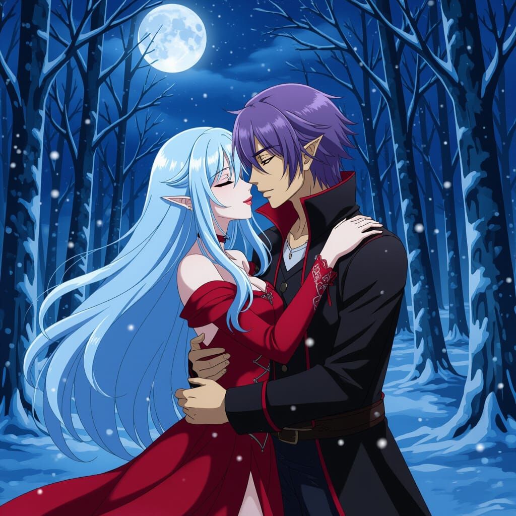 Vampire Couple in Snowy Forest, Anime Style