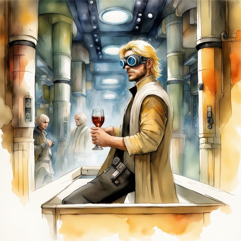 Handsome Smuggler in Nar Shaddaa Cantina, Watercolor Style
