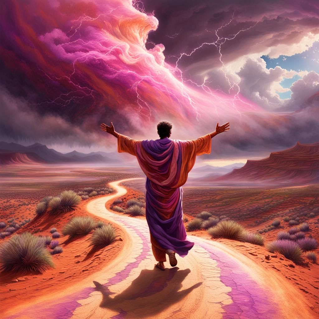 Divine Figure Welcomes Travelers on Desert Road