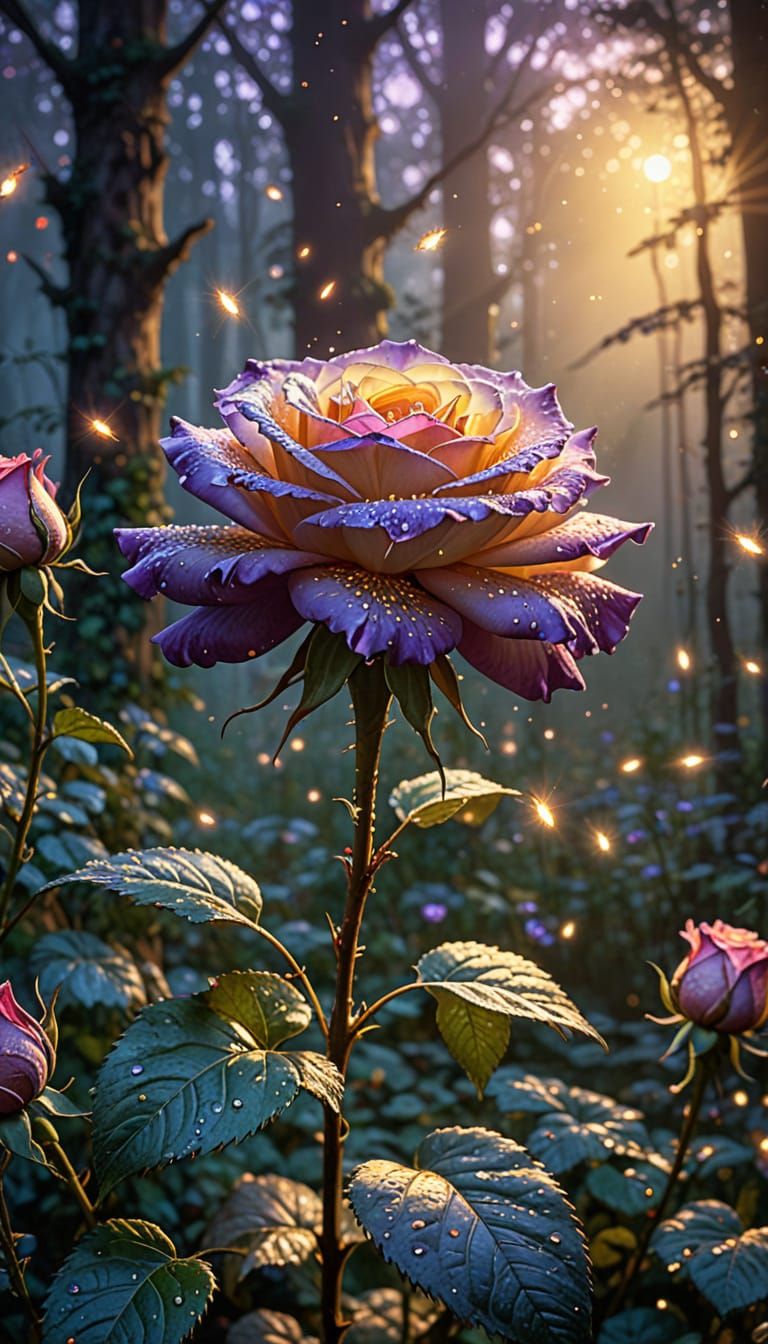 Magical Rose with Fireflies in Misty Forest