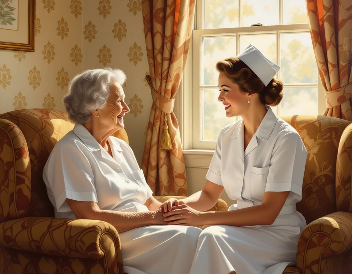 Nurse and Elderly Resident in Norman Rockwell Style