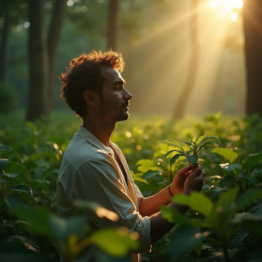 Serene Man in Sunlight with Heliotrope Leaves