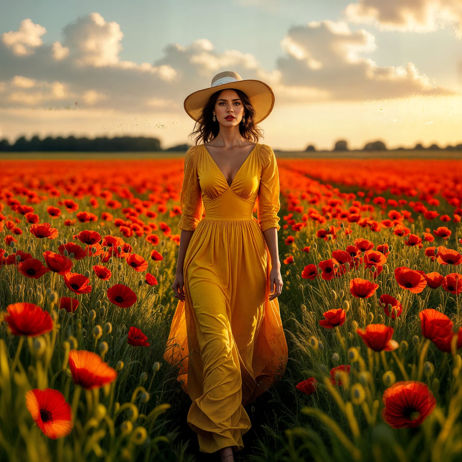 Woman in Yellow Dress in Poppy Field