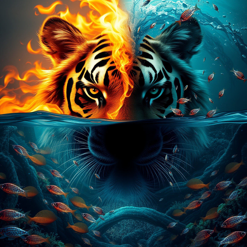 Fire and Sea Tiger Face in Matte Painting Style