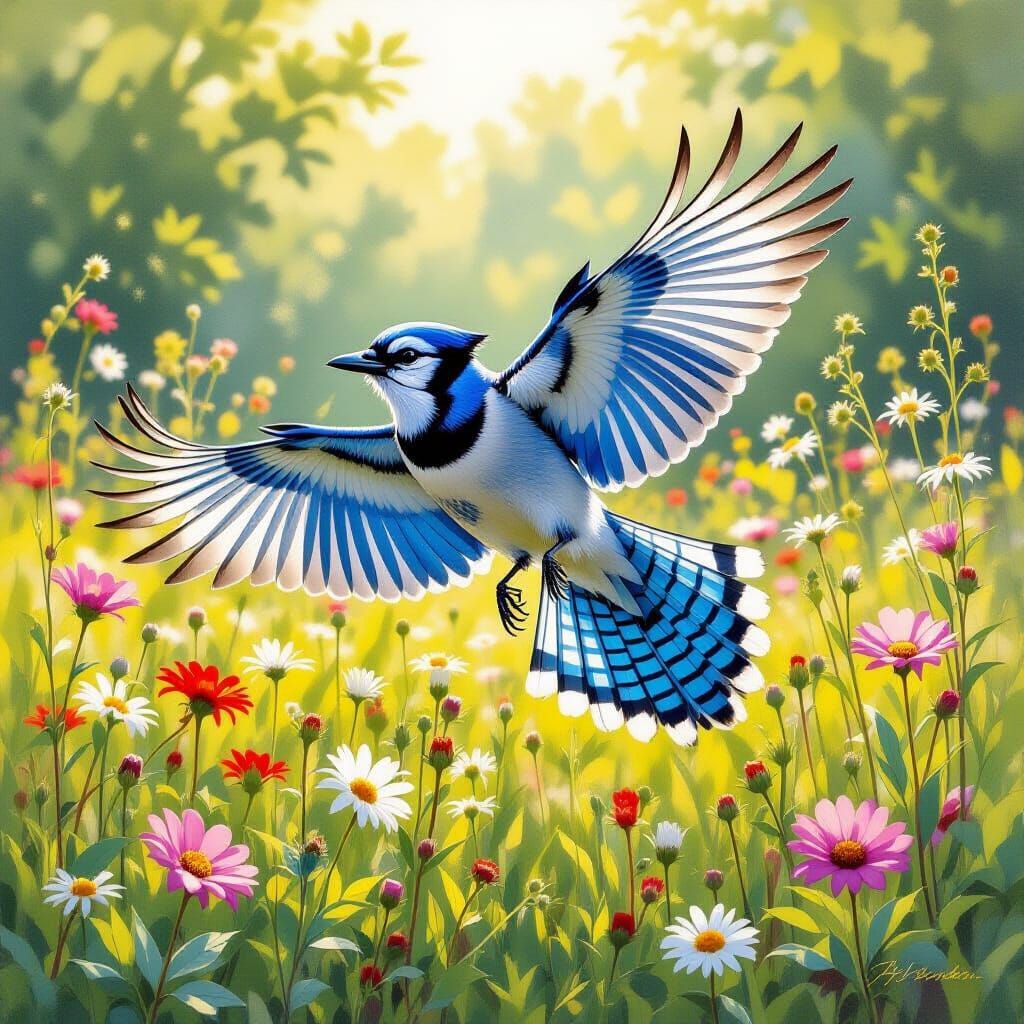 Blue Jay Soaring Over Wildflower Meadow in Oil Painting Styl...