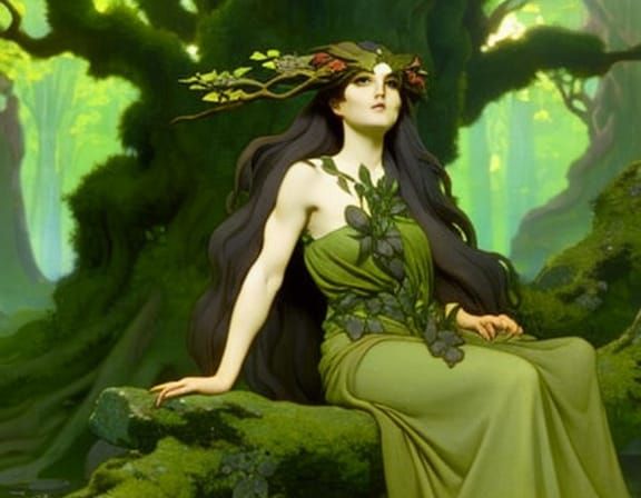 Dryad in Dappled Forest, Art Nouveau Style
