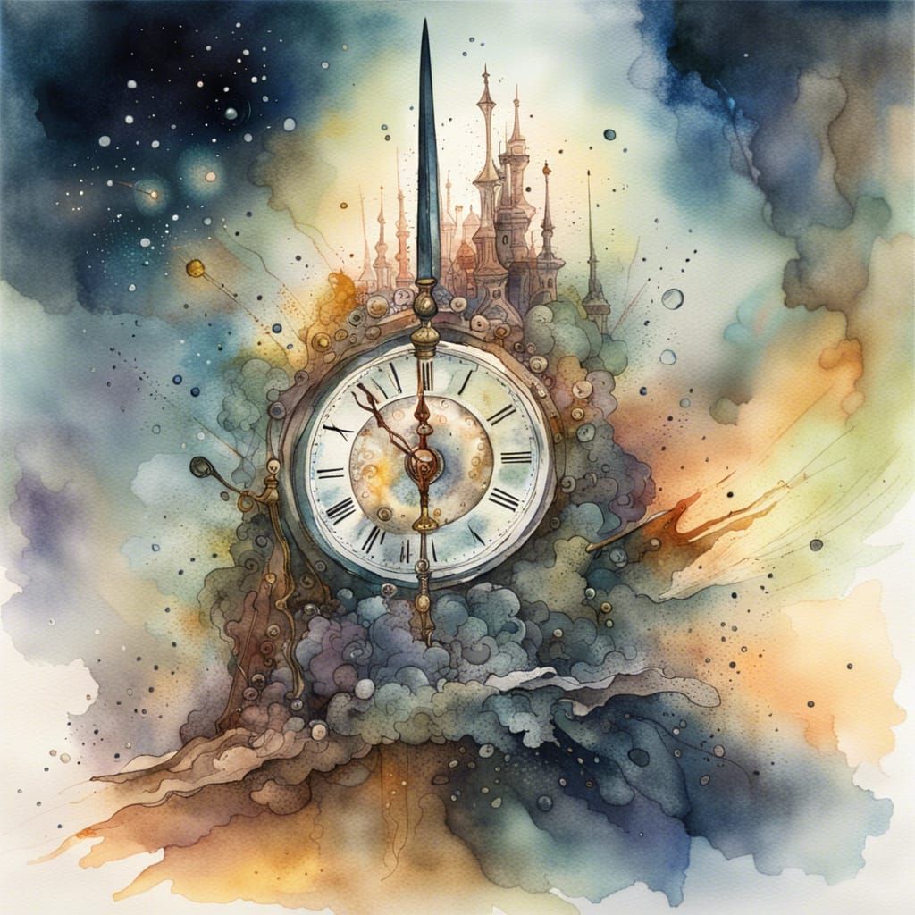 Giant Clock Ticking in Universe, Watercolor Splash