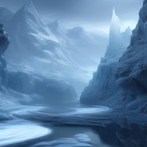 Winter Landscape with Light Blue River in Matte Painting Sty...
