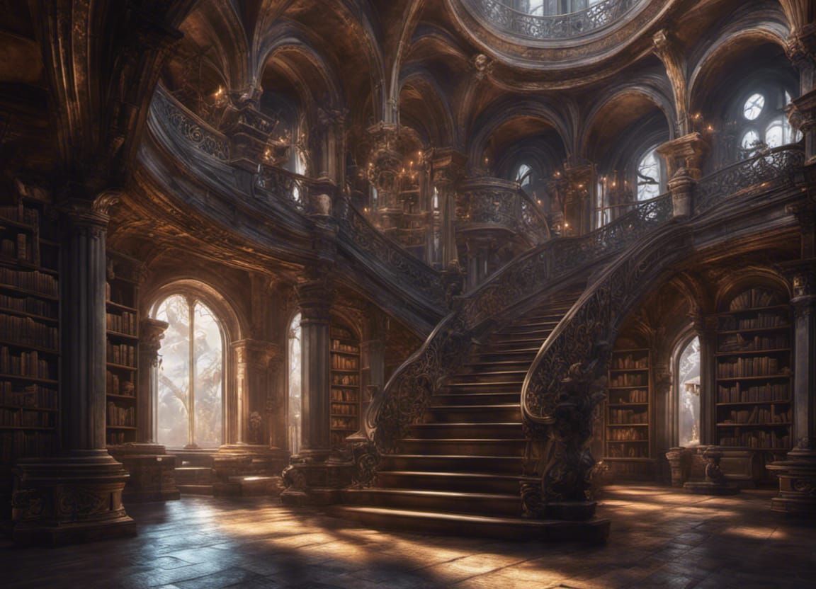 Grand Library with Spiral Stairs in Fantasy Art