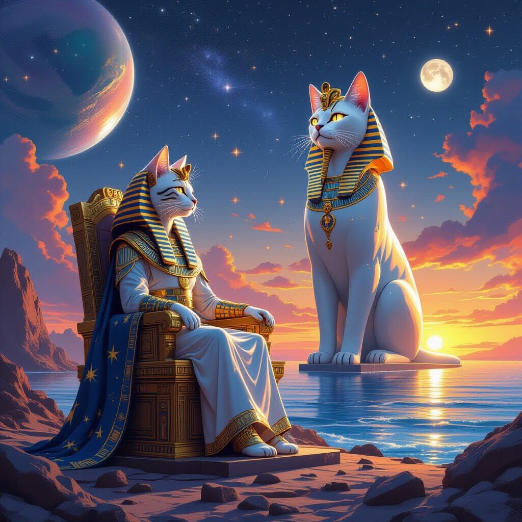 Cosmic Cat Pharaoh Oversees Star Statue Construction