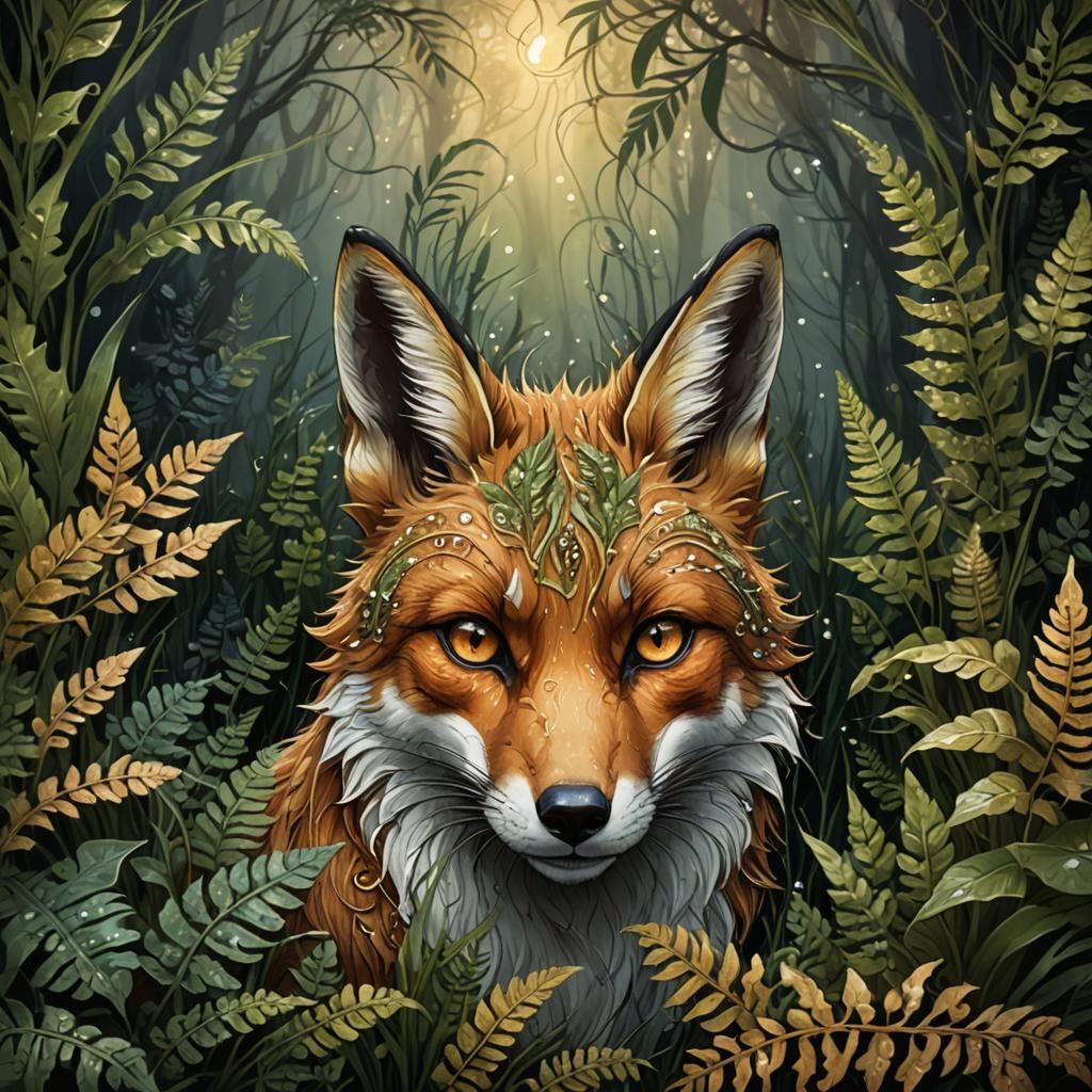 Mystical Fox in Dark Fantasy Art Nouveau Style