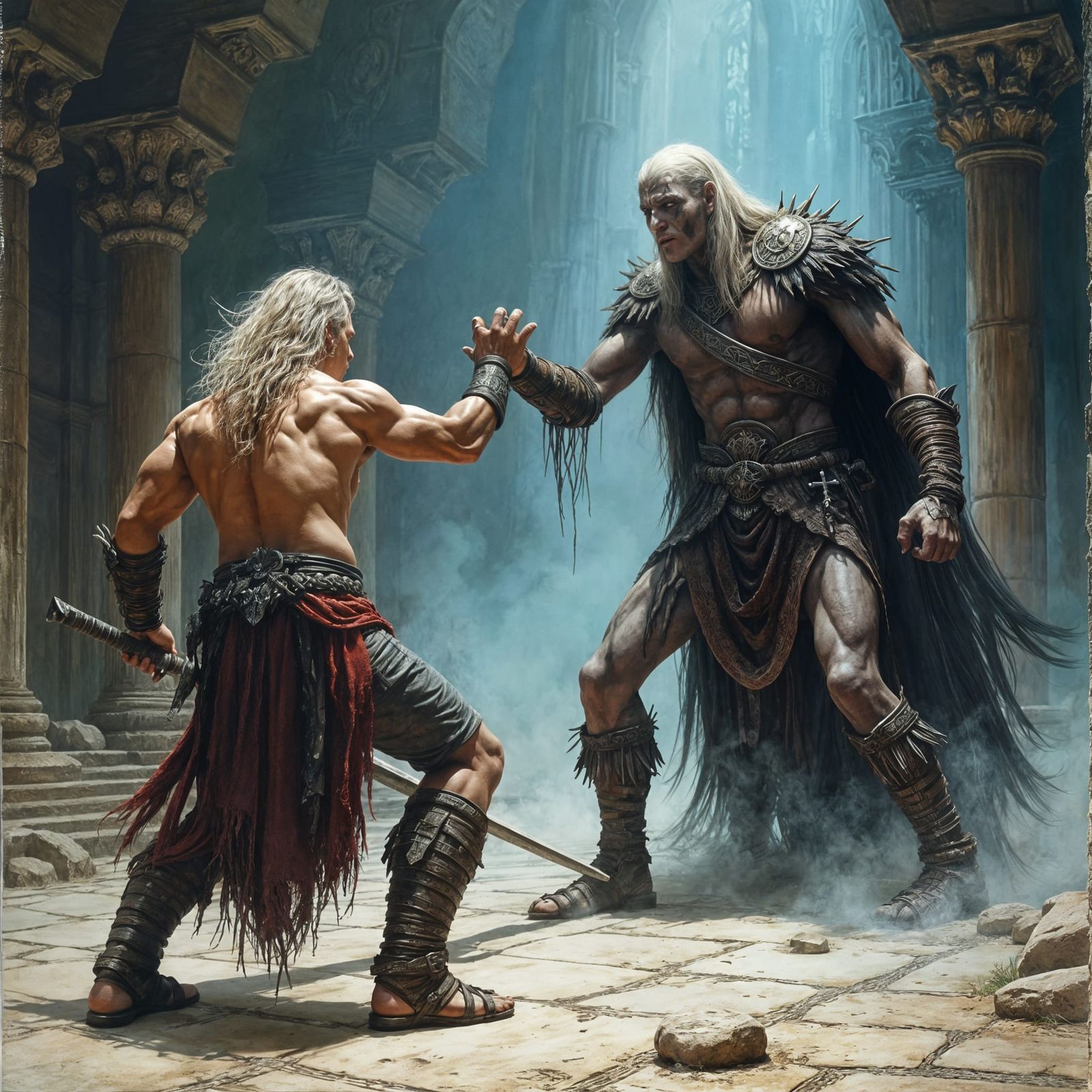 Barbarian vs Undead Wizard in Dark Fantasy Comic Art