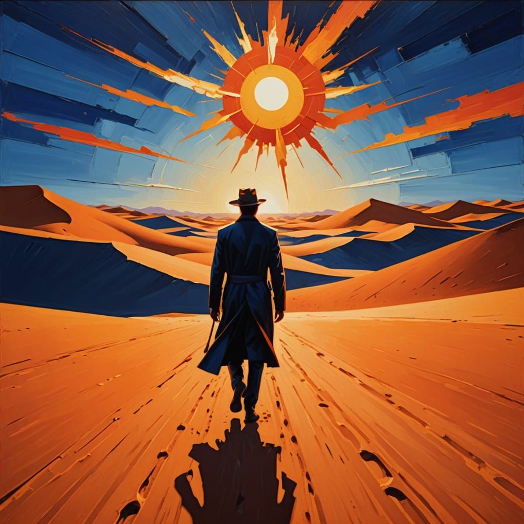 Constructivist Figure in Abstract Desert Landscape