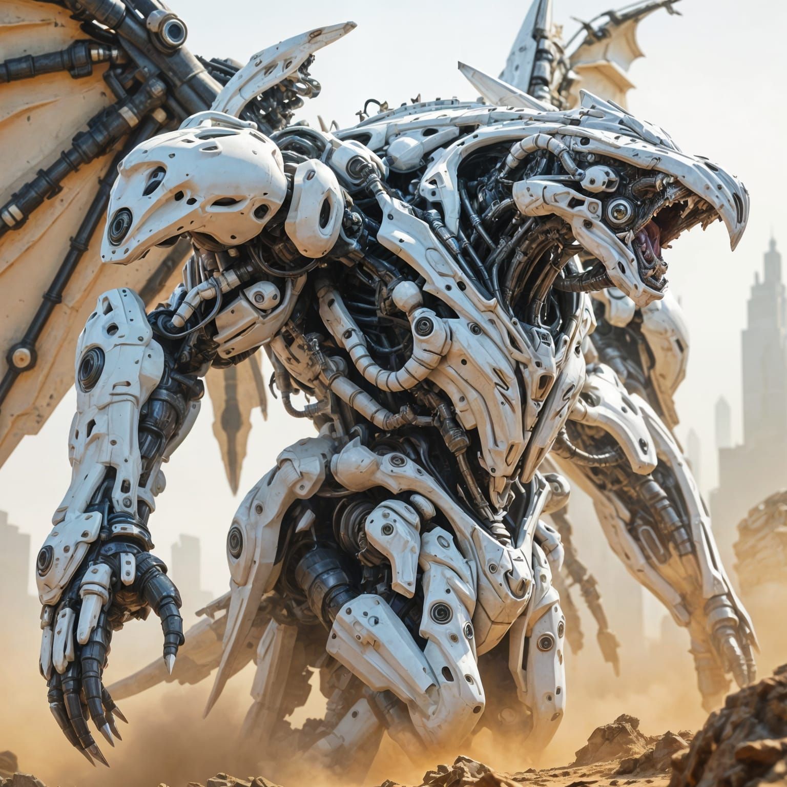 Majestic White Cyborg Beast in Dystopian City