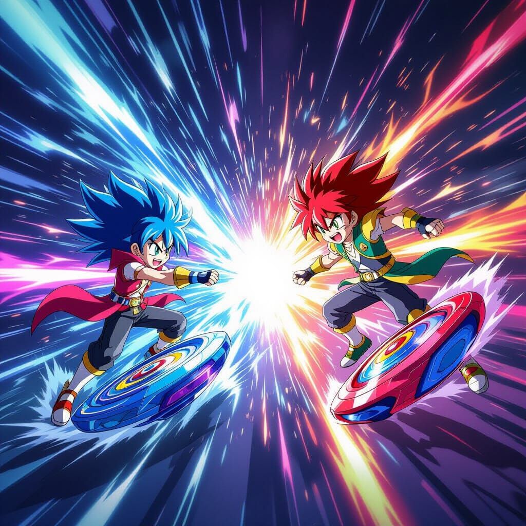 Epic Beyblade Battle in 90s Anime Style