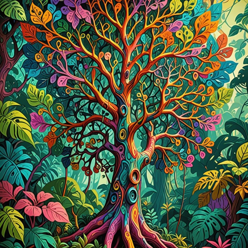 Psychedelic Tree in a 1960s Jungle