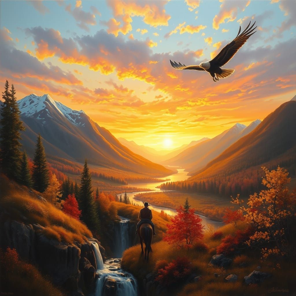 Dreamlike Autumn Sunset Over Mountains with Eagle