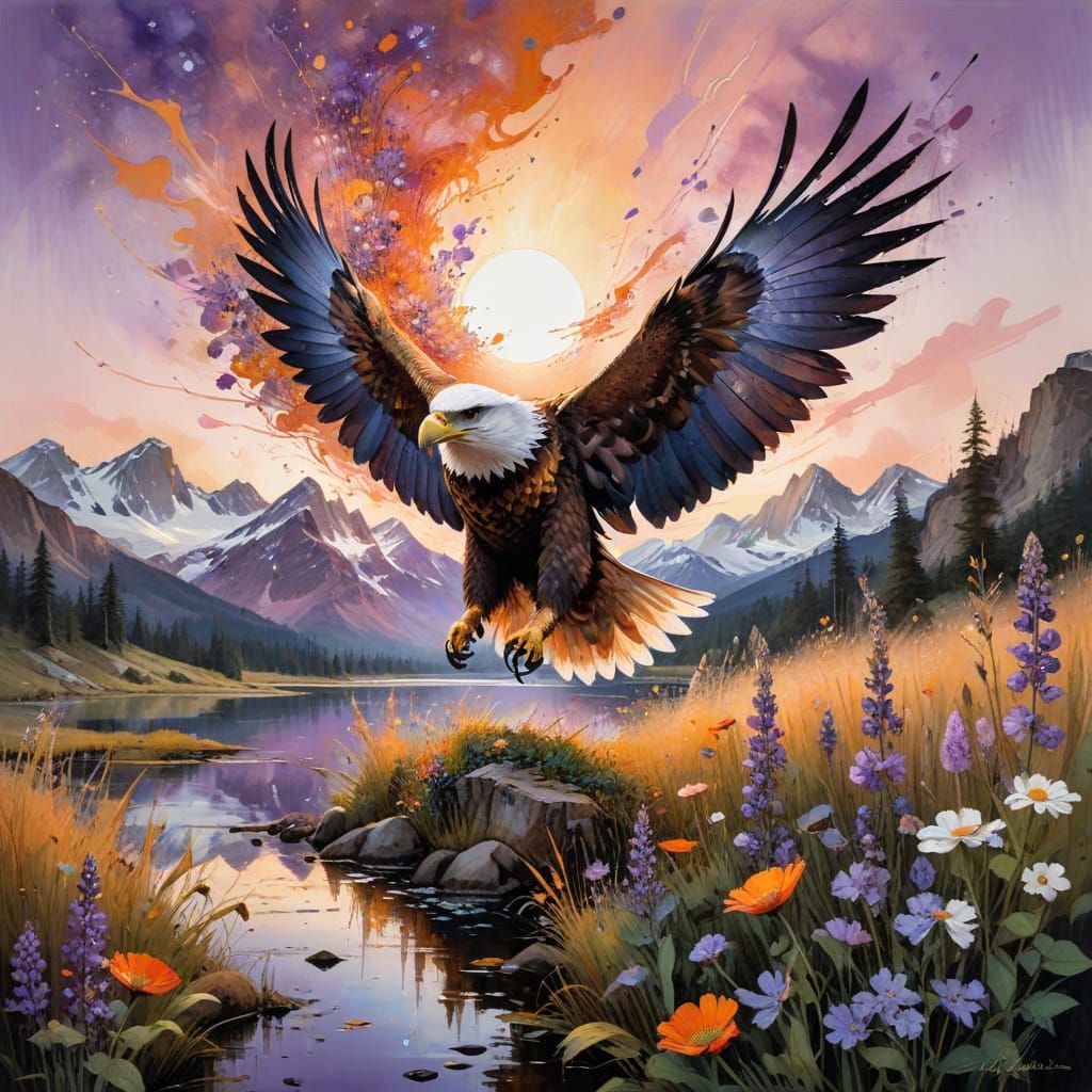 Majestic Mountain Lake Sunset with Soaring Eagle