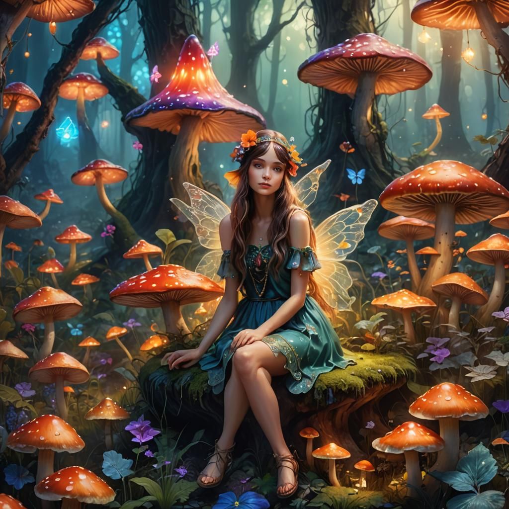 Fairy on Mushroom in Magical Forest, Fantasy Concept Art