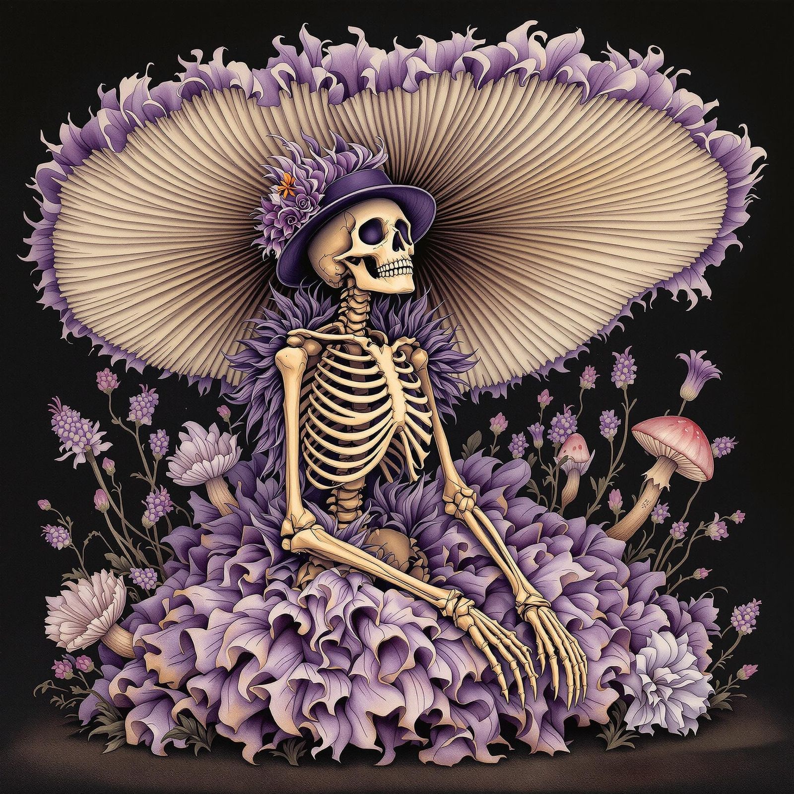 Lady Skeleton in Lily Dress Under Mushroom