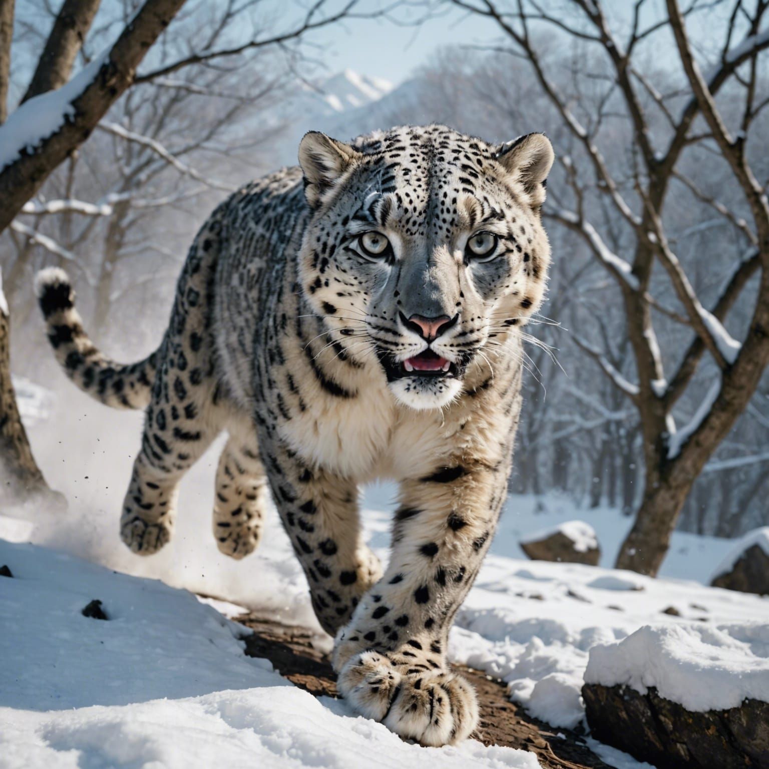 Snow Leopard Leaps: Hyper-Detailed Wildlife Photography