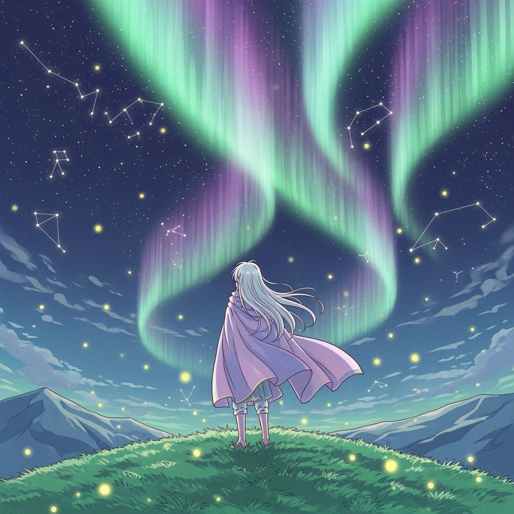 Traveler Gazing at Aurora Borealis in Anime Style