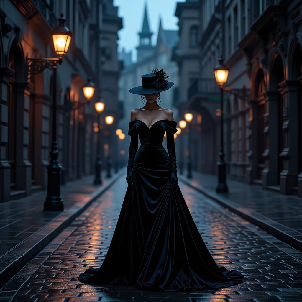 Elegant Woman in Velvet Gown on Cobblestone Street
