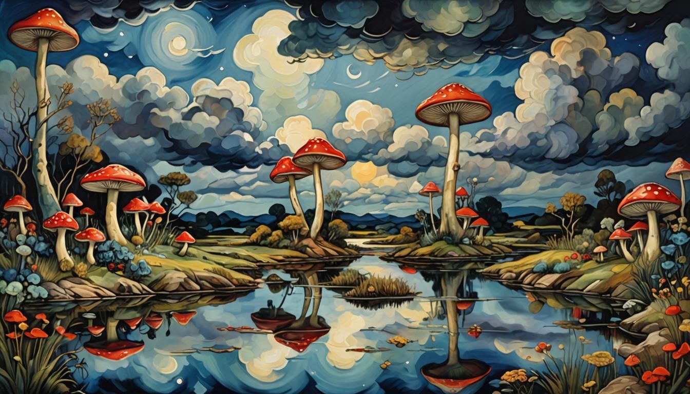 Mystical Multicoloured Toadstools in Neo-Cubist Style