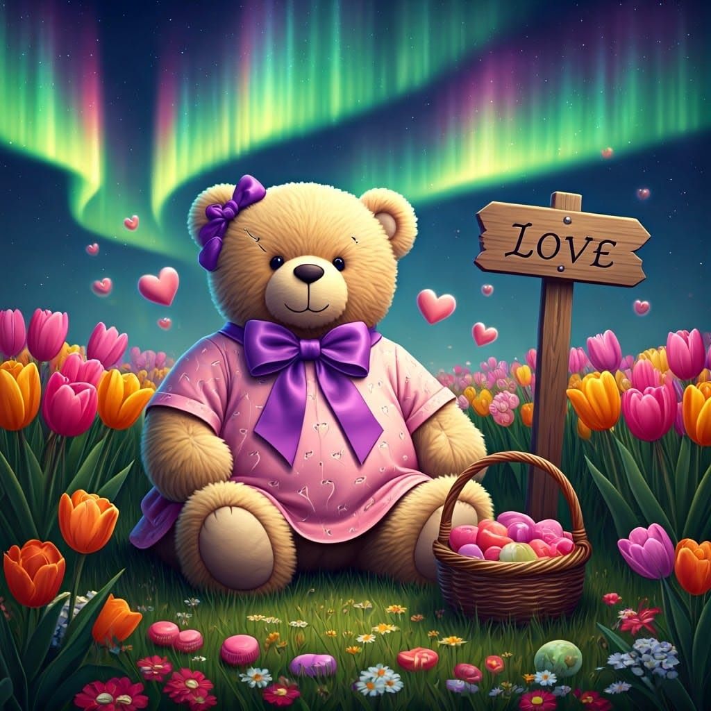 Enchanting Teddy Bear in Whimsical Meadow Scene