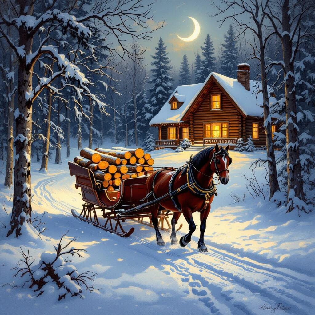 Horse Drawn Sleigh Approaching Cozy Log Cabin in Snowy Fores...