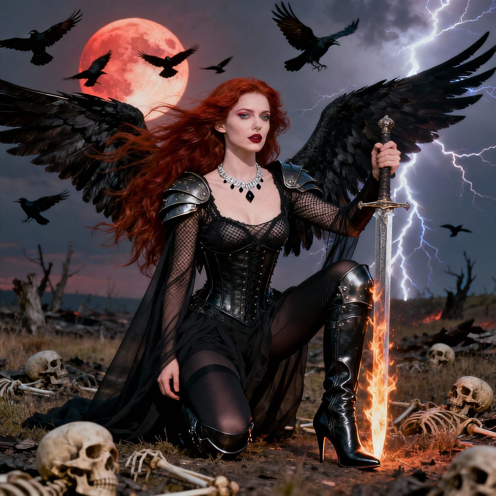 Goddess with Red Hair and Black Wings Holds Fiery Sword