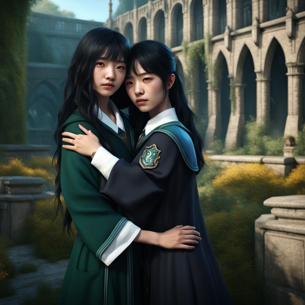 Korean Twins in Hogwarts Garden: Fantasy Art