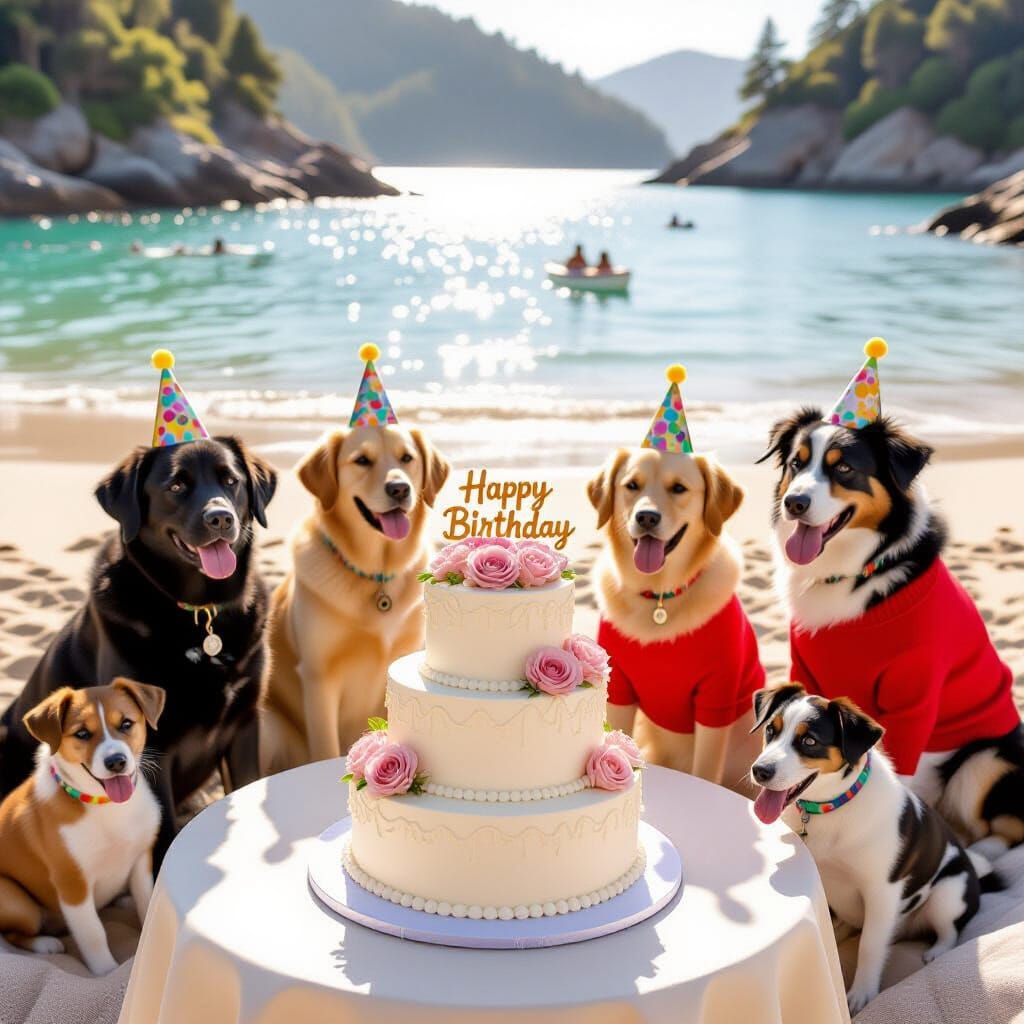 Beach Birthday Party with Animals in Photorealistic Style