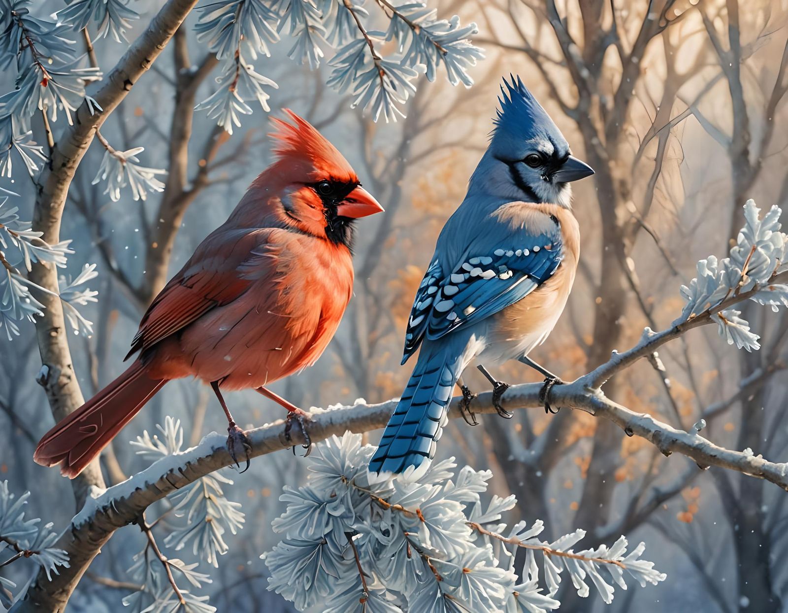 Cardinal and Blue Jay in Digital Watercolor