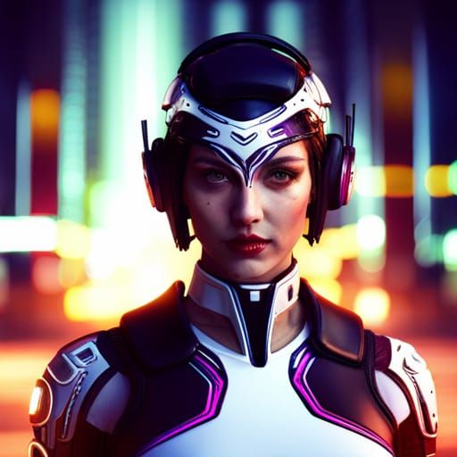 Cyborg Girl in Neon City: Fantasy Concept Art