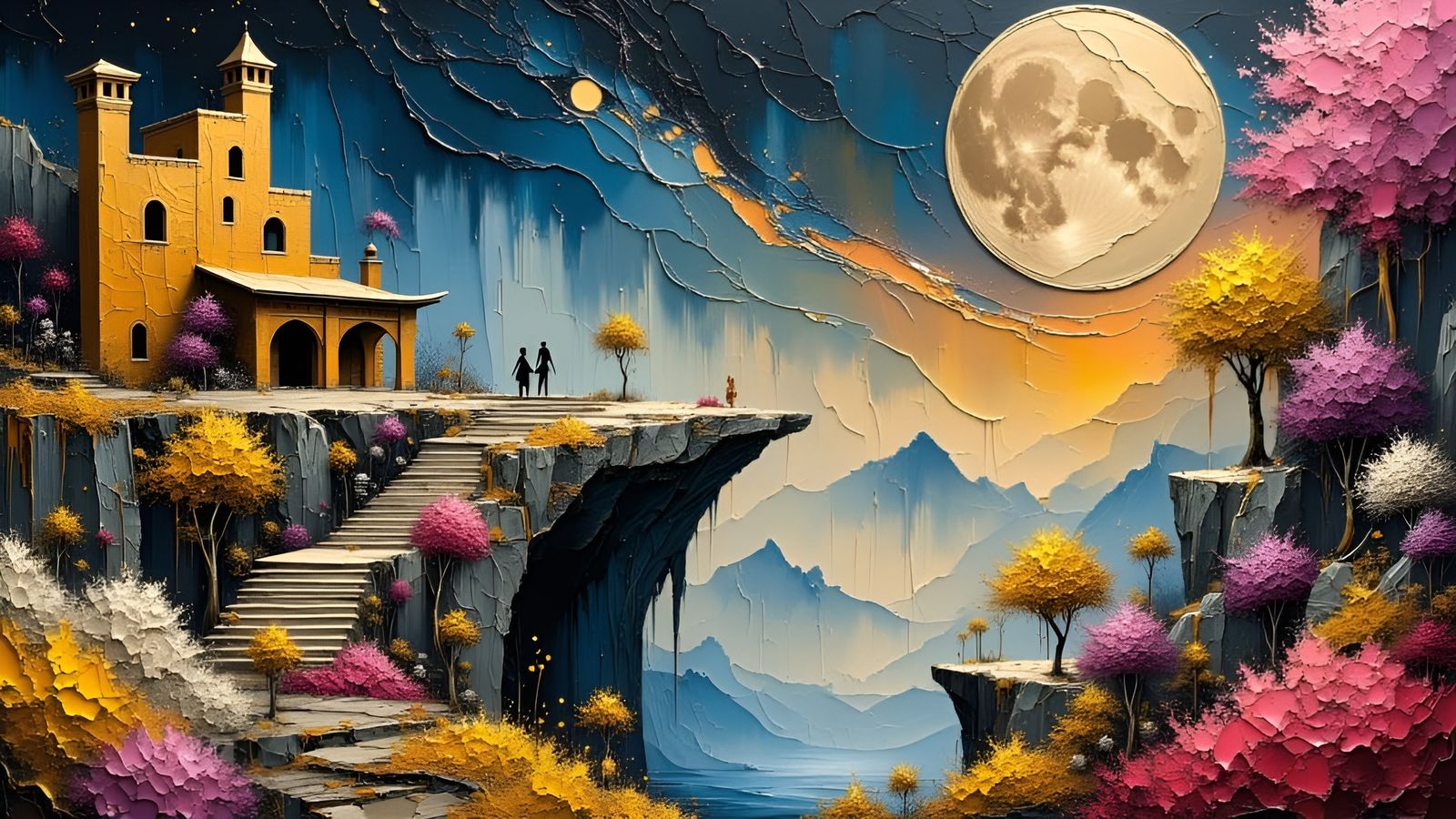 Fantastical Hacienda Garden Under a Swirling Moon Sky