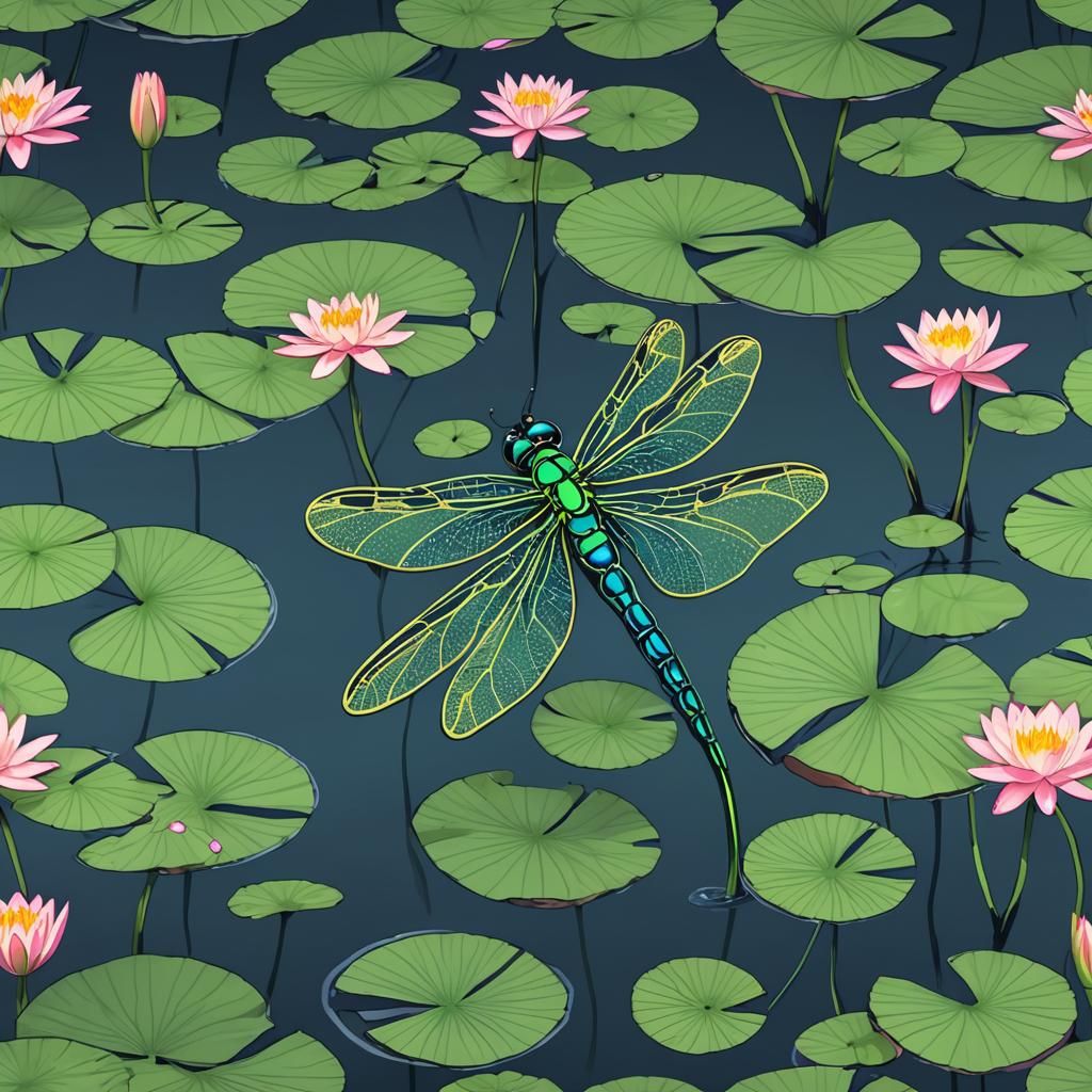 Neon Dragonfly Over Lake with Lily Pads