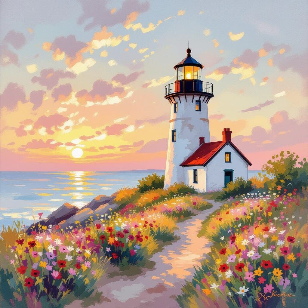 Impressionist Lighthouse at Sunset with Wildflowers
