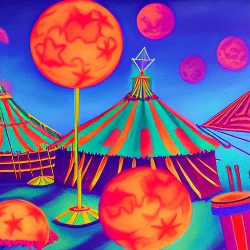 Glowing Circus Props on Beach in Gouache Style
