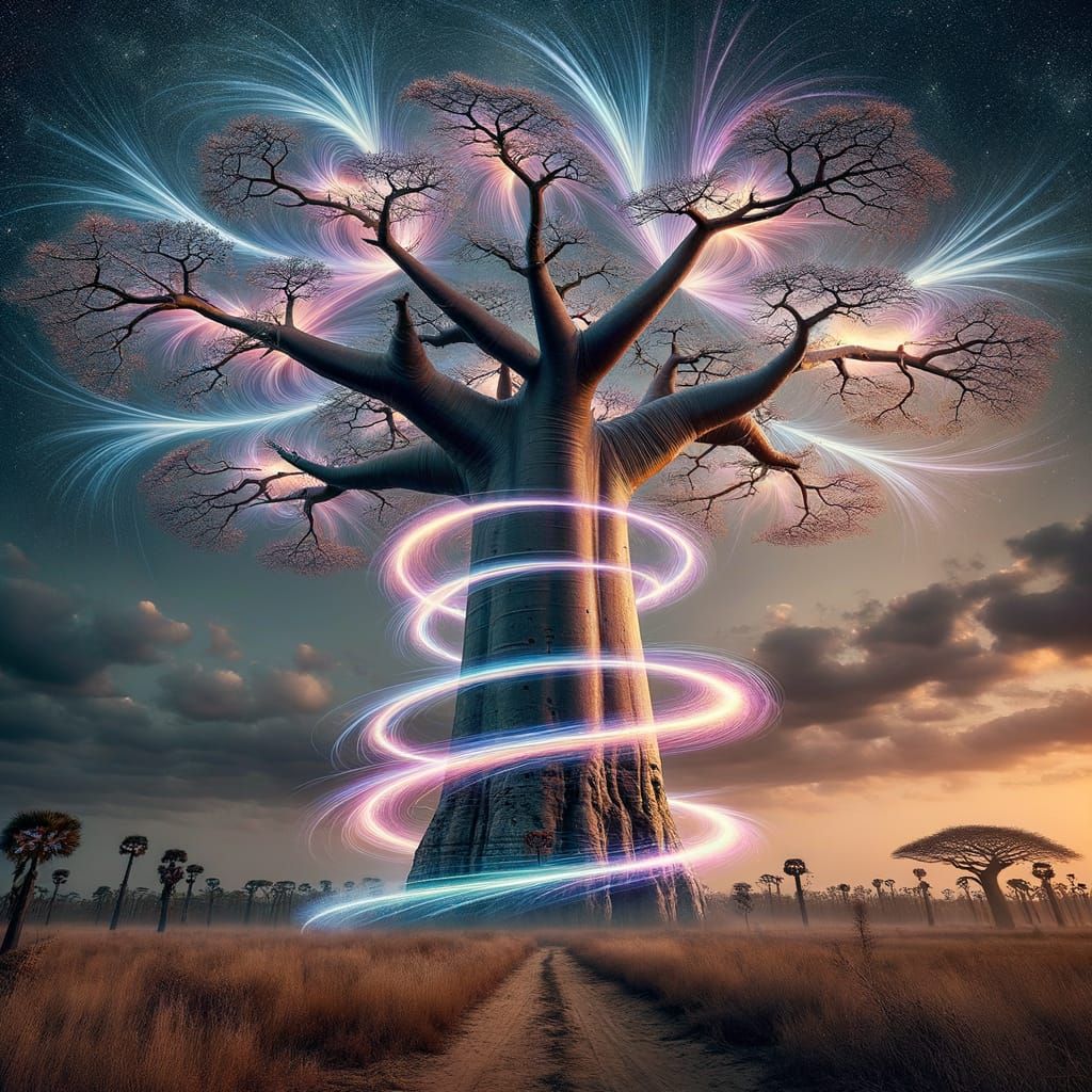 Baobab Tree with Pulsating Magnetic Rays in Ethereal Field