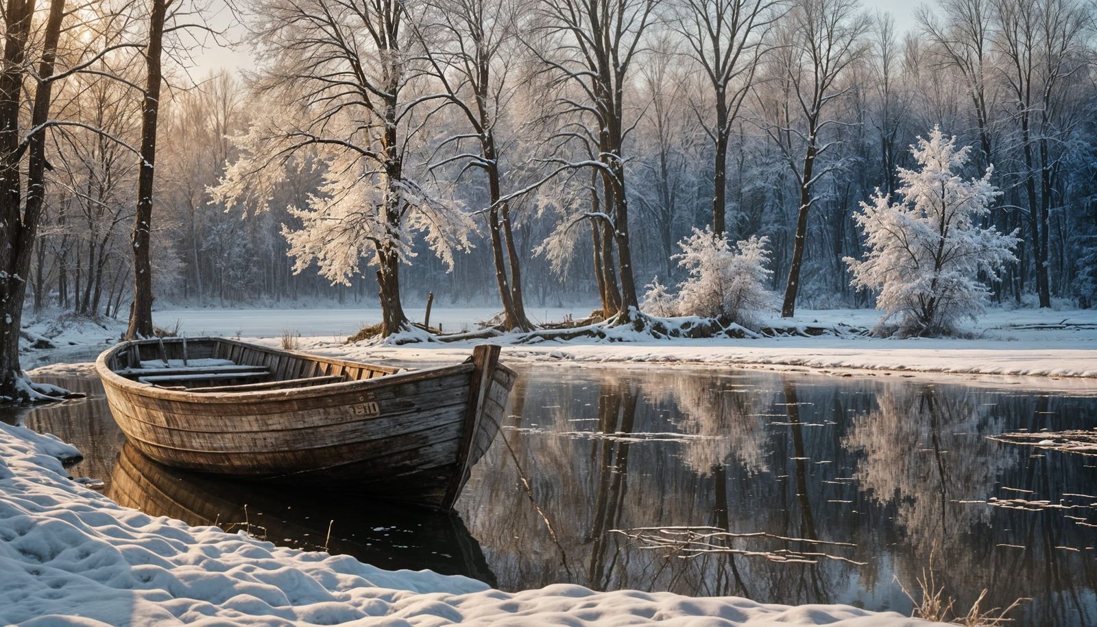 Evening Lake Scene with Old Boat in Winter