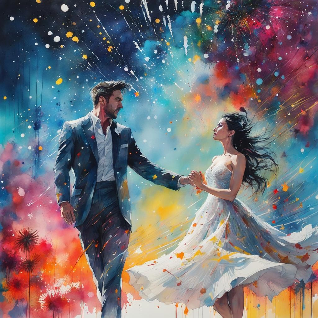 Couple Dancing Under Fireworks in Gouache Watercolor