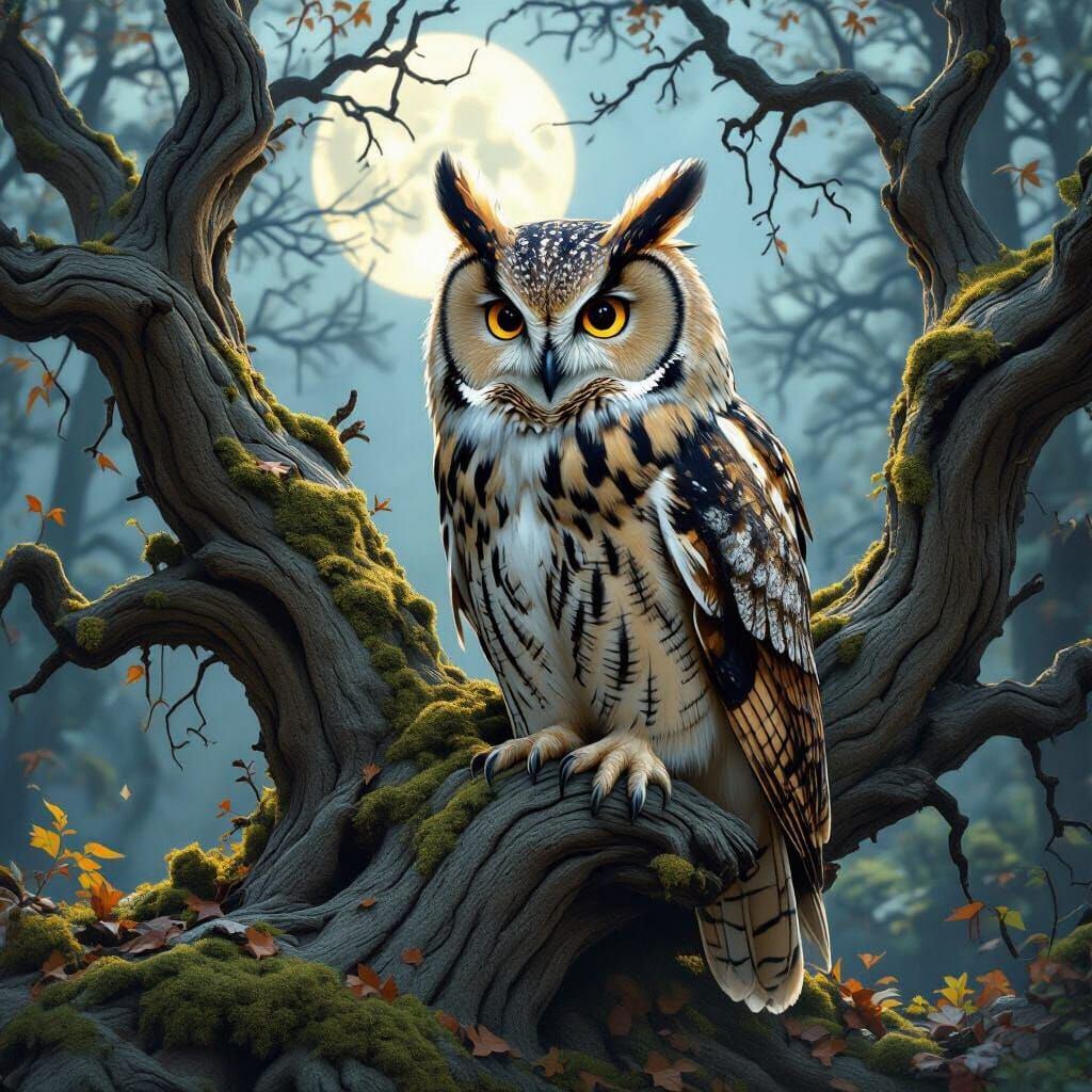 Wise Old Owl in Moonlit Forest