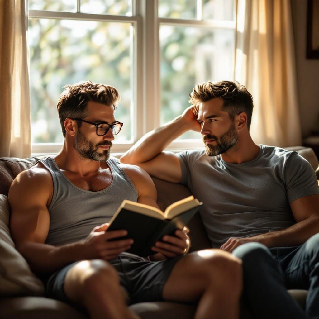 Attractive Men Reading on Couch in Sunlight