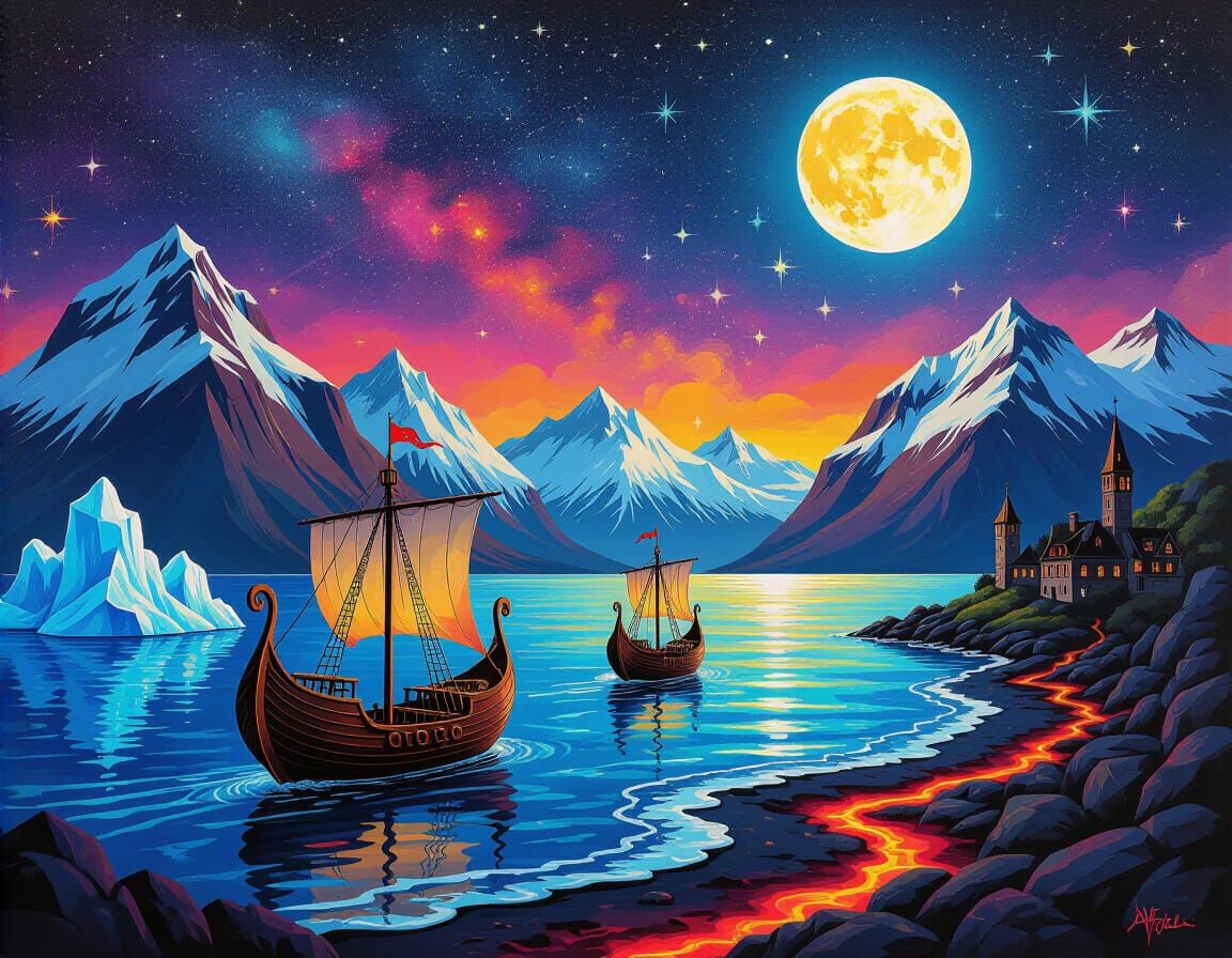 Gothic Fantasy Map with Viking Ships and Volcano