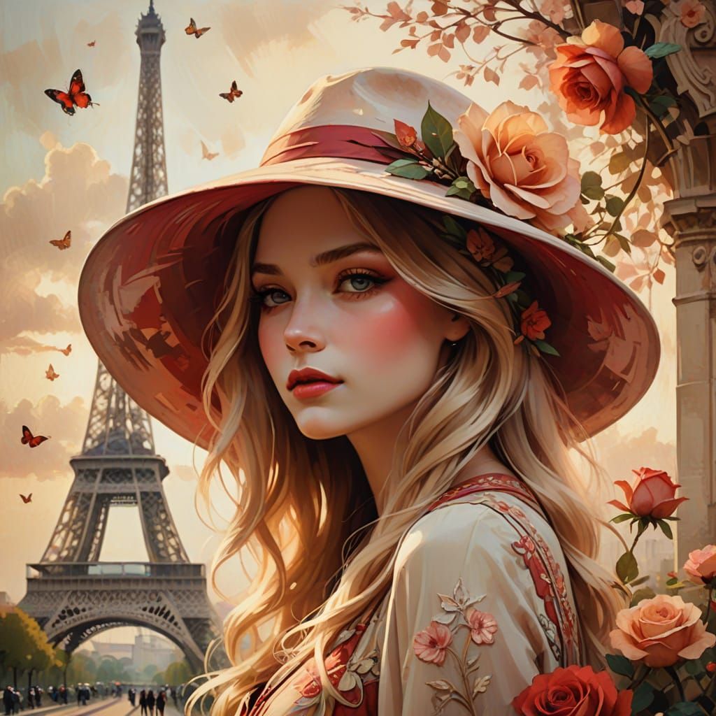 Elegant Woman in Wide-Brimmed Hat Near Eiffel Tower