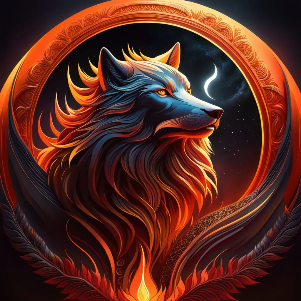 Fiery Wolf King Howling at Crescent Moon