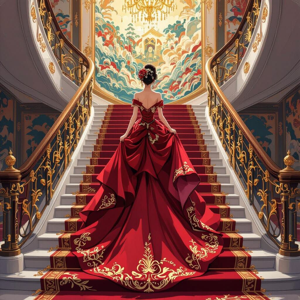 Woman in Red Gown on Royal Stairs, Anime Style