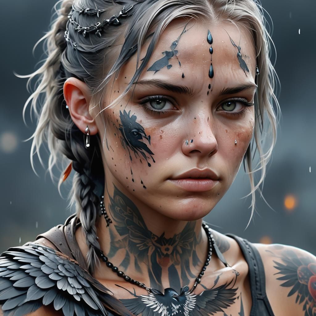 Nordic Warrior Woman Portrait with Raven in Digital Art